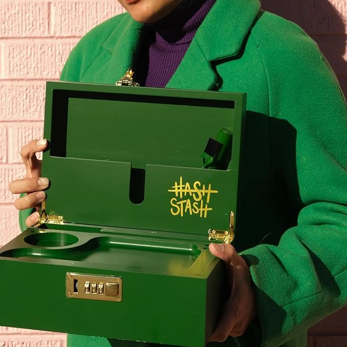 The OG Stash Storage Box - Large Bamboo Box with Combination Lock Magnetic Lid Organizer Tray 3 Jars and Brush - Portable Decorative Wooden Lock Kit with Accessories (Green/Gold)