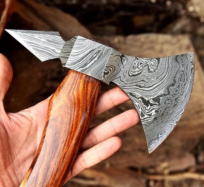 Custom Hand Forged Damascus Steel 16 Inch Long Bearded Axe Camping Axe Rose Wood Handle Viking Hatchet with Leather Sheath Best for Hunting Wood Cutting Gift for Him