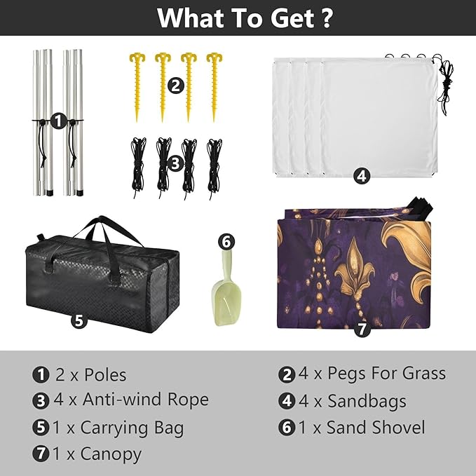 Fleur De Lis Flower Mardi Gras Beach Tent Sun Shelter Set UPF50+ UV Protection 10.5 x 9.19 FT Camping Shade Canopy with Sandbags Sand Anchors Carrying Bag and Others