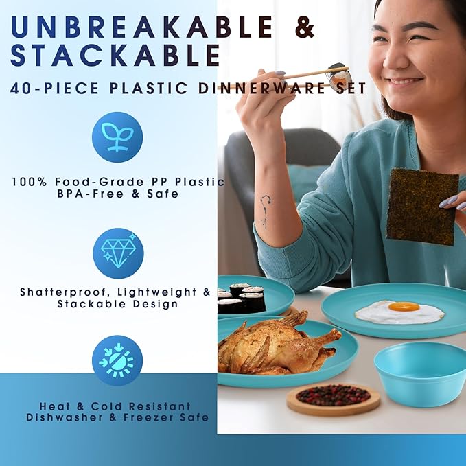 40 Piece Plastic Dinnerware Set for 8 with Cutlery Unbreakable Plates and Bowls Set Dishwasher &amp Microwave Safe Reusable Dish Set for Camping RV Outdoor Kitchen Apartment Dining Teal