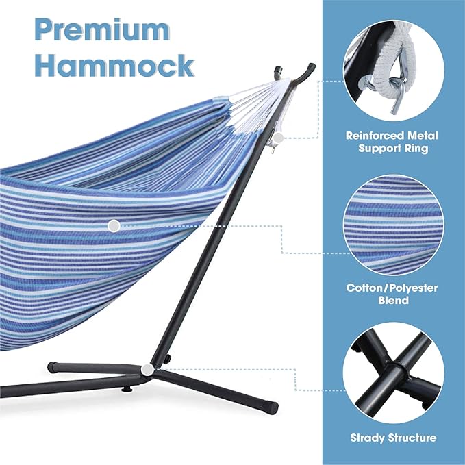 550lbs Capacity Double Hammock Adjustable Hammock Bed with 10ft Heavy Duty Steel Stand Includes Portable Carrying Case Easy Set up European Style Blue Stripes