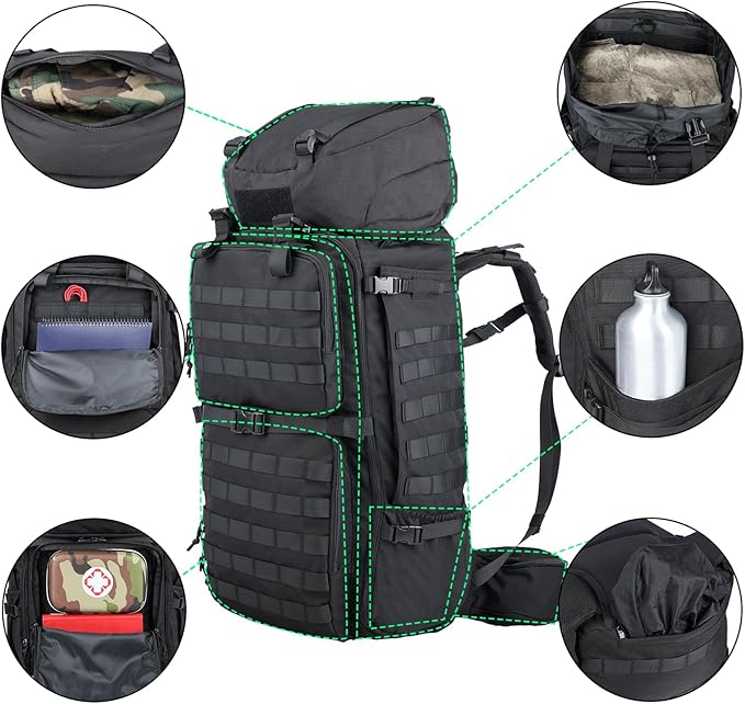 Zsearaymy 75L Hiking MOLLE Backpack with Internal Frame &amp Rain Cover for Tactical Camping Backpacking Survival Travel (Black)