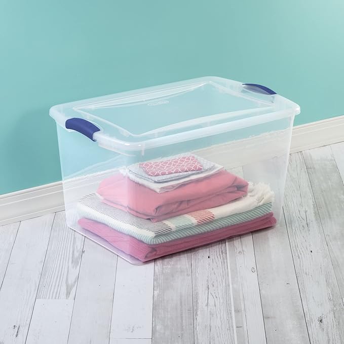K&ampJ CHIPMUNK Storage Container Bin Storage Tote 64 Quart Clear Plastic Stackable Latch Box Tote with White Latching Lid Organizing Solution for Home &amp Classroom Blue Eclipse 6 Pack