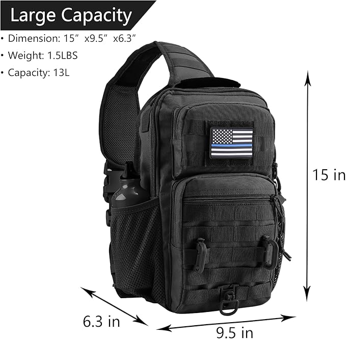 Rover Sling Pack Tactical Shoulder Sling Bag Backpack with Bottle Holder Crossbody Chest Bag Black