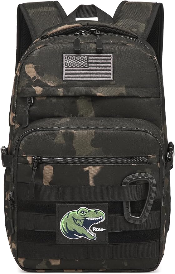 Kids Tactical Backpack Army Molle Bookbag Military Boys Backpack for School Outdoor Camping (Includes 2 Patches+1Carabiner) Black CM
