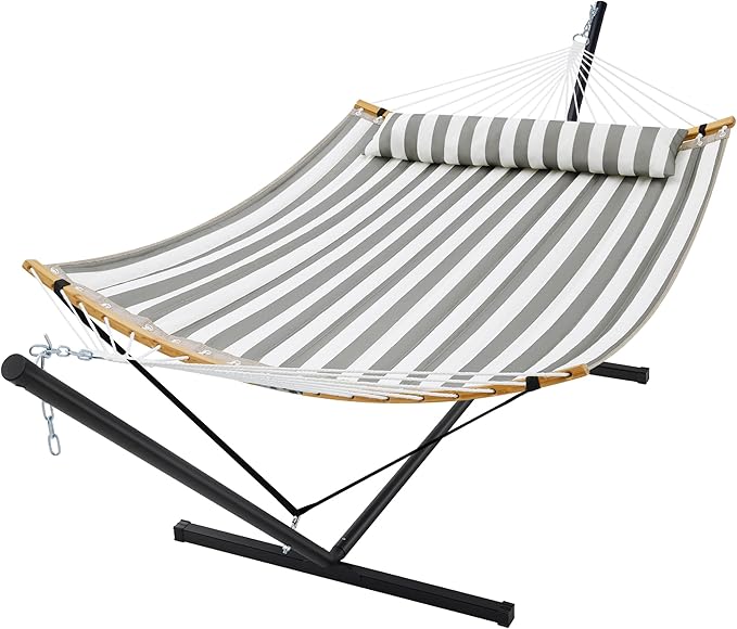 SUPERJARE Curved-Bar Hammock with Stand 2 Person Heavy Duty Hammock Frame Detachable Pillow &amp Portable Carrying Bag Perfect for Outdoor &amp Indoor Black and White Stripe