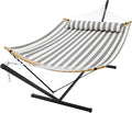 SUPERJARE Curved-Bar Hammock with Stand 2 Person Heavy Duty Hammock Frame Detachable Pillow &amp Portable Carrying Bag Perfect for Outdoor &amp Indoor Black and White Stripe