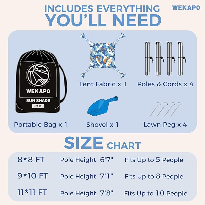 WEKAPO Beach Tent Sun Shelter - Easy Setup Beach Canopy with 4 Sturdy Poles Extra Large Sandbags and Shovel 7'8'' Tall Windproof Sun Shade for Backyard and Camping UPF 50+ Protection