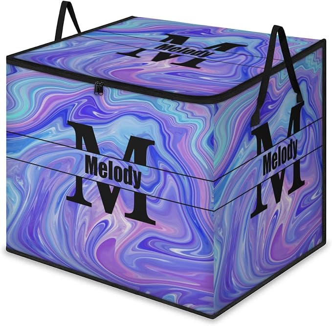 Personalized Storage Bins with Lid Customized Name Initial Letter Jumbo Storage Basket Rectangle Clothes Organizer for Organizing Kids and Pets Toys Shelf Closet Abstract Purple Pattern