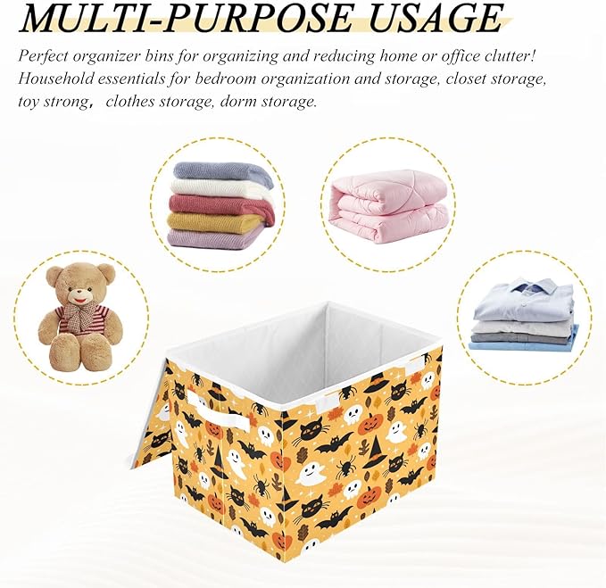 Large Collapsible Storage Bins with Lids Halloween Spooky Skull Pumpkin Black Cat Storage Baskets Organizer Containers with Handles for Nursery Clothes Toys