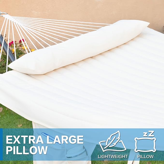 PNAEUT Double Hammock with Stand for Outside Rope Hammocks with Polyester Pad 2 Person 12ft Heavy Duty Stand Extra Pillow Storage Sidebag Max 475 lbs Capacity (Pearl White)
