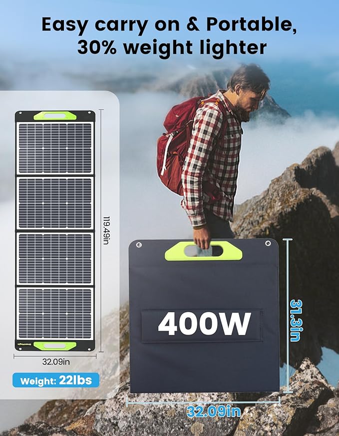800W Portable Solar Panel 2pcs 400W Portable Solar Panels 39V 23% Efficiency Foldable IP67 Waterproof Adjustable Kickstands Off-Grid Power Smart Sunlight Alignment via Suncast for Camping RV