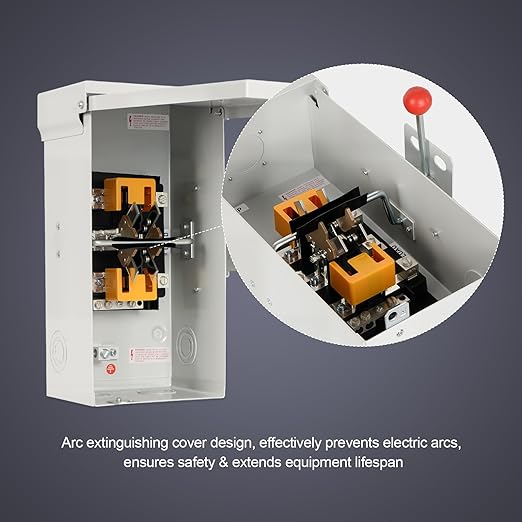 100A Generator Transfer Switch 12000/24000/45000W General-Duty Double-Throw Safety Switch 120/240/450V Manual Transfer Switch with Arc Extinguishing Cover NEMA 3R Standards for Indoor/Outdoor Use