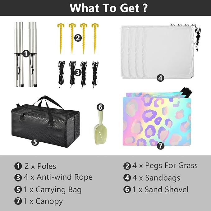 ALAZA Leopard Cheetah Print Rainbow Gradient Beach Tent Sun Shelter UPF50+ Protection Beach Shade Canopy w/ 4 Sandbags for Outdoor Camping Fishing Backyard Fun Picnic 10x9 ft