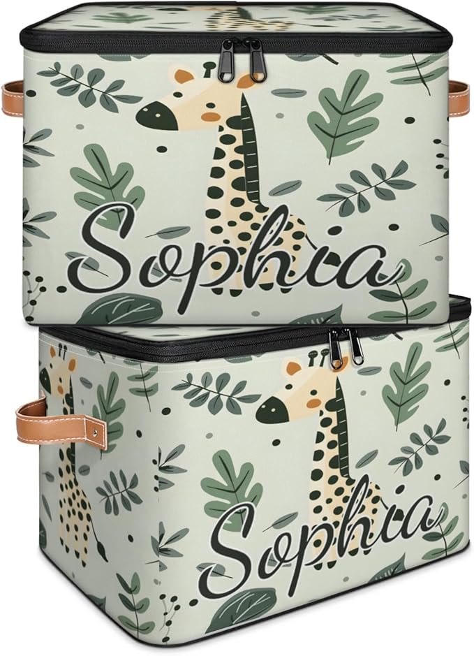 Custom Storage Basket with Name Personalized Storage Bins with Zipper Lid Foldable Fabric Storage Box Large capacity with Handle Giraffe Leaf