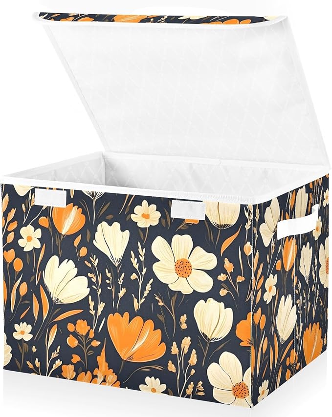 Storage Cube with Lid Cartoon Floral Pattern Print 16.5×12.6×11.8 IN Collapsible Large Capacity Foldable Storage Basket Bin Organizer