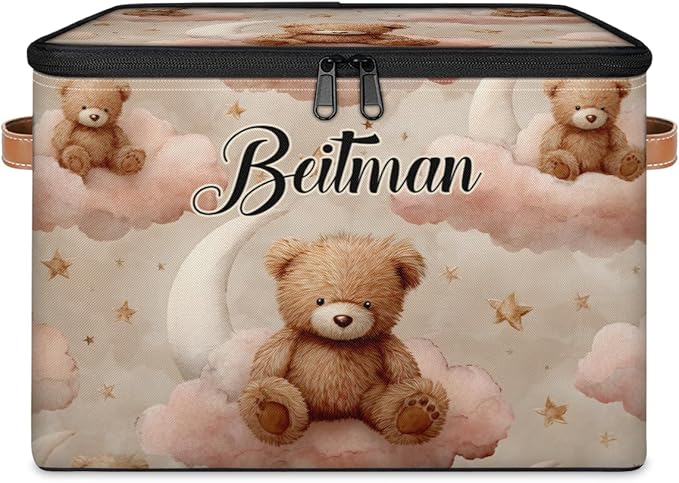 Storage-Bins with Lids Personalized Closet-Storage-Bins Under-Bed Stackable-Cubes-Box for Home Bedroom Bear Pink