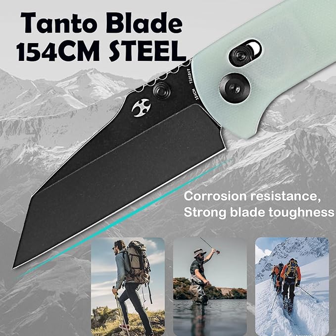 KANSEPT Main Street Pocket Folding Knife 3.36''Black Ticn Coated 154CM Sharp Steel Blade Jade G10 Handle and Thumb Stud Perfect Clip for Camping Hiking Fishing Everyday Carry T1015v7
