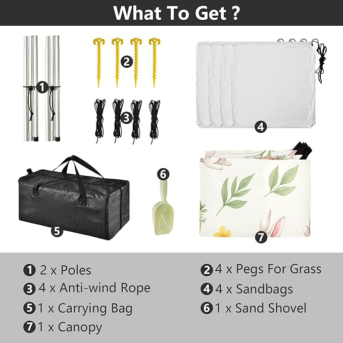 Bunny Beach Canopy Sun Shelter with Sandbags &amp Sand Shovel &amp Windproof Ropes - Portable 110x126 Beach Shade Beach Tent for Camping Picnics