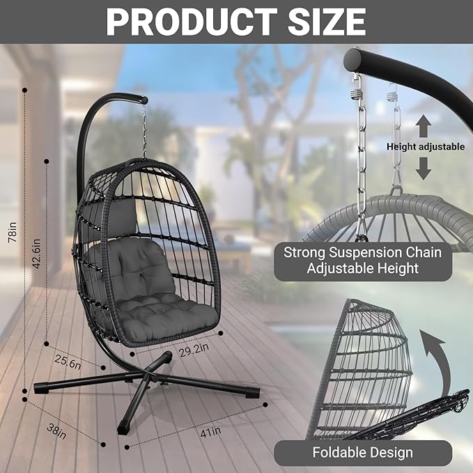CHABATREE Egg Chair with StandPatio Rattan Wicker Hanging Swing Egg Chair Hammock Chair for Bedroom Porch GardenThickened Aluminum Alloy Steel Frame and UV Resistant Cushion350LBS Capacity