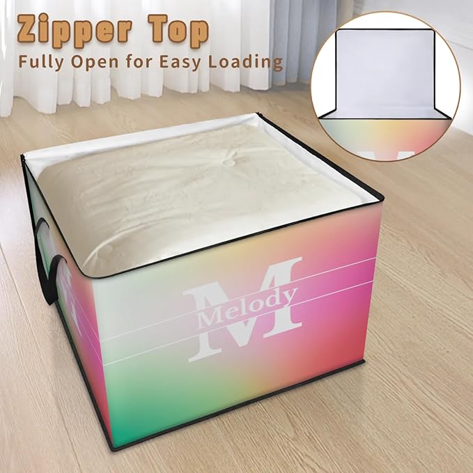 Personalized Extra Storage Bins with Lid Customized Name Initial Letter Jumbo Storage Basket Rectangle Clothes Organizer for Organizing Kids and Pets Toys Shelf Closet Gradient Pink with Purple