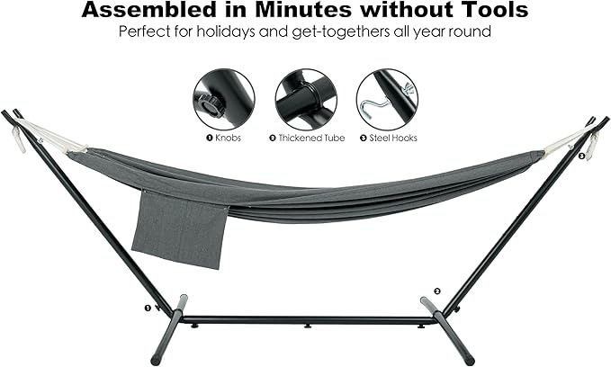 GAFETE Double Hammock with Stand for Outside Upgraded Spreader Bar Heavy Duty Space Saving Steel Stand 2 Person Side Pocket Easy Assembly 600lbs Weight Capacity Indoor &amp Outdoor (Dark Grey)