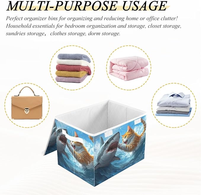 Storage Cube with Lid Cat and Fish Print 16.5×12.6×11.8 IN Collapsible Large Capacity Foldable Storage Basket Bin Organizer