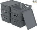 6-Pack Medium Plastic Storage Baskets Bins with Lid Lidded Storage Organizer Bins for Cabinets Countertop Shelves Gray