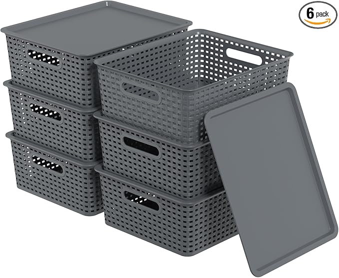 6-Pack Medium Plastic Storage Baskets Bins with Lid Lidded Storage Organizer Bins for Cabinets Countertop Shelves Gray