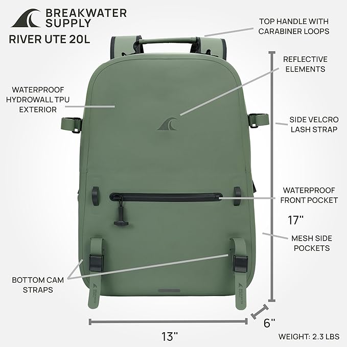 Breakwater Supply™ River Ute Waterproof IP68 Fishing Backpack Floating TPU Submersible Dry Bag with Padded Hip Belt and Airtight Zippers | 20L (River Ute 20L Marsh Green)