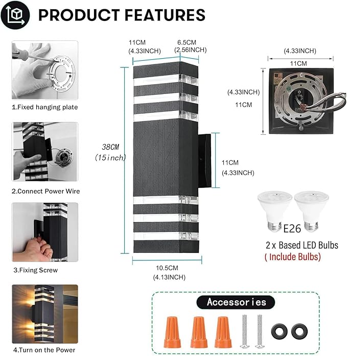 2Pack 15inch Outdoor LED Wall Lights4000K Day White Outdoor 18W Wall Light Aluminum Body Waterproof IP65 led Porch Light for House Patio Garage Garden.(No Sensor)