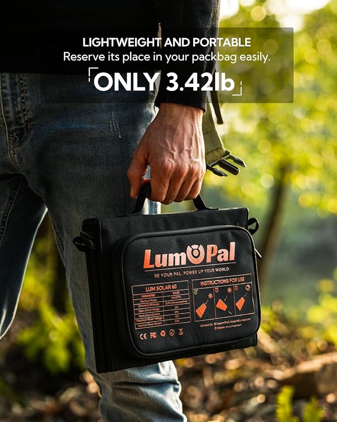 Portable Solar Panel LUMOPAL 60W Foldable Solar Panels Folding Solar Charger with PD60W USB C QC3.0 USB A Output Waterproof for Camping Backpacking Compatible with Phone Laptop Portable Power Station