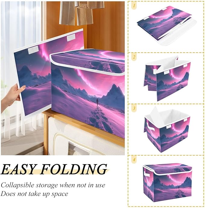 Storage Cube with Lid Polar Aurora Landscape Print 16.5×12.6×11.8 IN Collapsible Large Capacity Foldable Storage Basket Bin Organizer