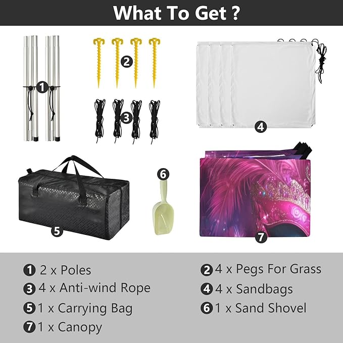 Carnival Masquerade Mask Mardi Gras Beach Tent Sun Shelter Set UPF50+ UV Protection 10.5 x 9.19 FT Camping Shade Canopy with Sandbags Sand Anchors Carrying Bag and Others