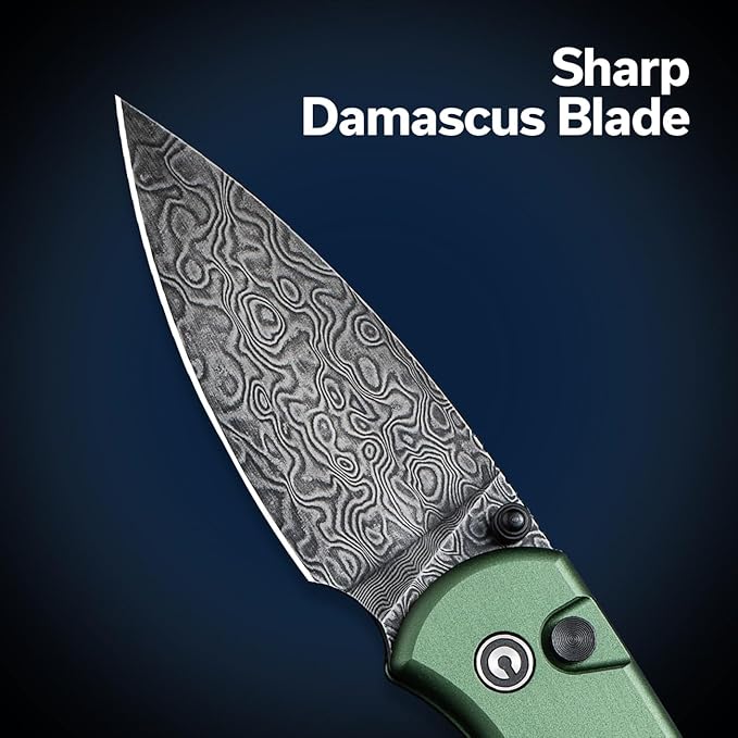 CIVIVI Pocket Folding Knife- Button Lock Knife with Thumb Stud Opener for EDC 2.98 Damascus Blade Aluminum Handle Qubit Utility Knife for Men Women Gift C20030E-DS1