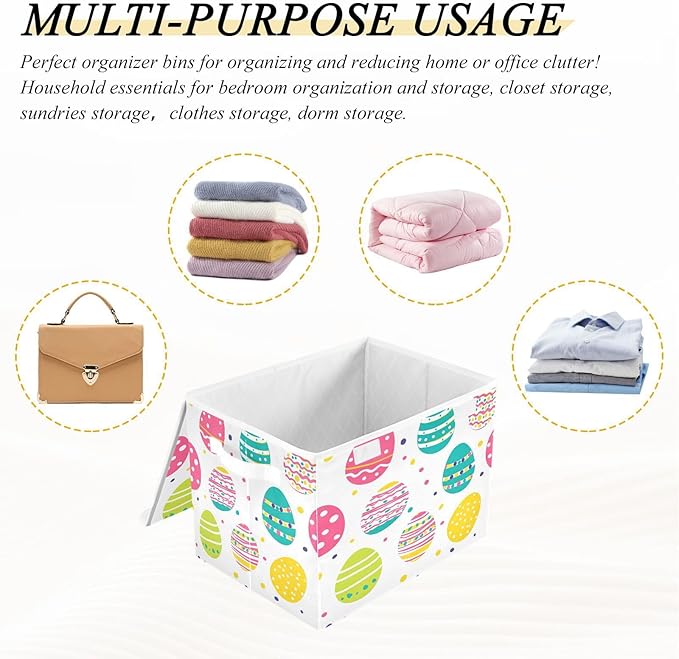 Storage Baskets with Lids Colorful Easter Eggs Collapsible Bins Stackable Fabric Linen Baskets Closet Organizer Container 16.5x12.6x11.8