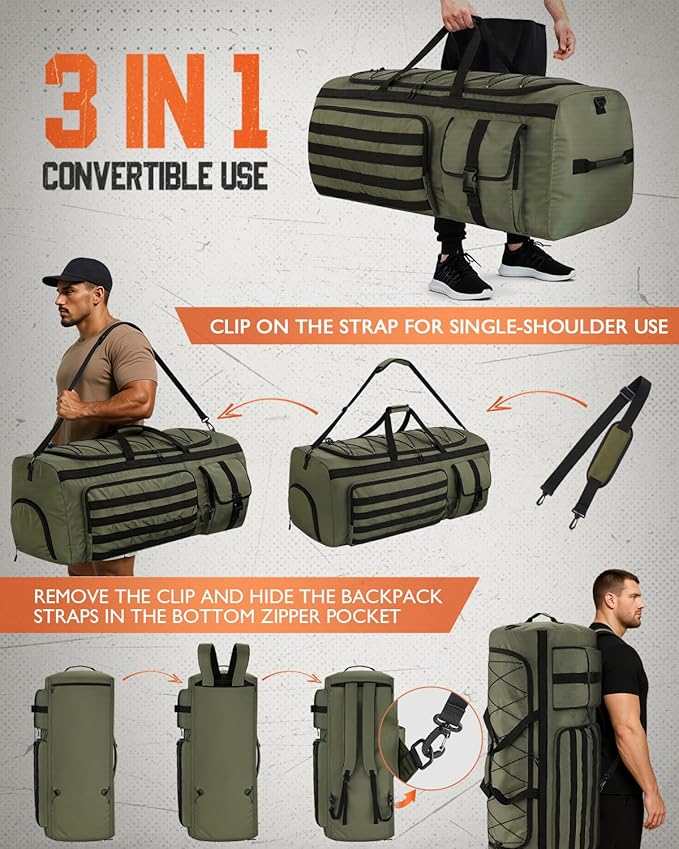 Gonex 130L Extra Large Duffel Bag for Men Heavy Duty 3 in 1 Convertible Carry Travel Duffle with Shoe Compartment Tactical Loops Sports Gear Bag for Family Trips (Army Green)