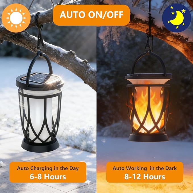 Solar Lanterns Outdoor Waterproof 2 Pack Flickering Solar Flame Lights Upgraded Hanging Flame Lantern Pathway Torch Light Table Lamp Auto On/ Off Porch Yard Gifts(2 Lighting Modes)