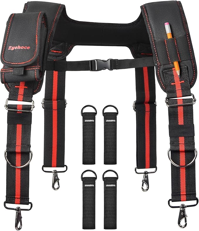 Heavy Duty Tool Belt Suspenders – Adjustable X-Back Padded Shoulder Harness with Universal Hooks – Tactical Work Suspenders for Electricians Carpenters Construction