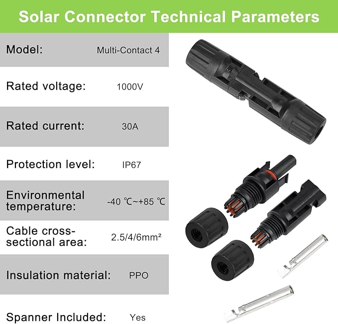 MC4 Solar Connectors 30 Pairs/60pcs Solar Panel Cable Connectors Waterproof IP67 1000V 30A Male/Female Connector with 2 Pack Wrenches