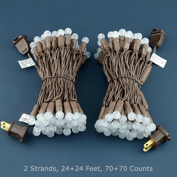 Cool White Raspberry One-Piece LED Christmas Lights 48 Feet 140 Count Pack of 2 Strands 70ct G12 High Waterproof UL Certified Brown Cord String Lights