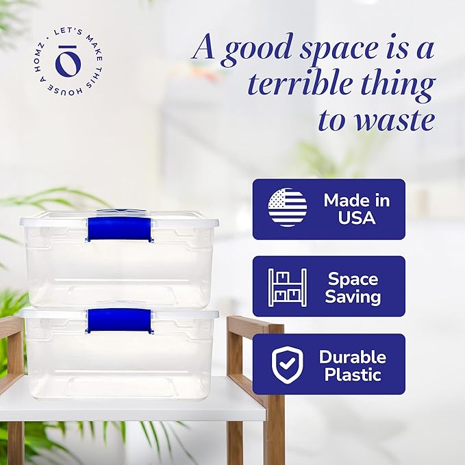 HOMZ 12-Pack Secure Latch Clear Plastic Storage Organizer Bins 15.5 Quart Blue - Stackable Container Boxes for Bedroom Bathroom Garage and Office Organization