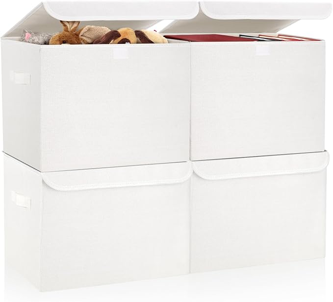 Bagnizer Large 22 Quart Linen Fabric Foldable Storage Bin Cube Organizer Basket with Flip-Top Lid &amp Handles Clothes Blanket Box for Home Office Closet White 4 Pack 14.6 x 9.5 x 9.5”