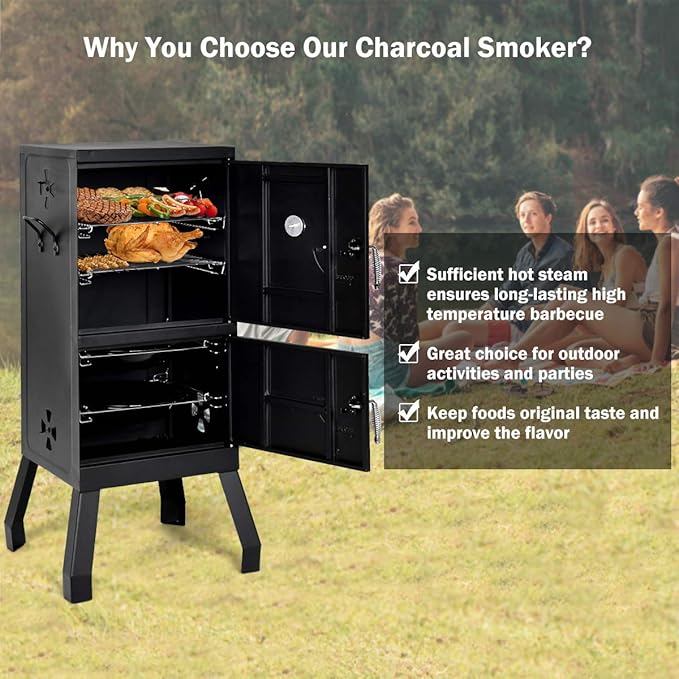 DORTALA Vertical Charcoal Smoker Outdoors Charcoal Barbeque Smoked Carbon Oven Iron Structure w/Two Chrome-plated Nets Two Charcoal Pots Suitable for Lawn Picnic Backyard BBQ (Black)