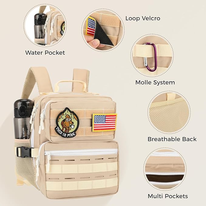9L Mini Tactical Backpack for Men WomenSmall Military Tactical Backpack for SportGymHikingTravelCamping (Beige)