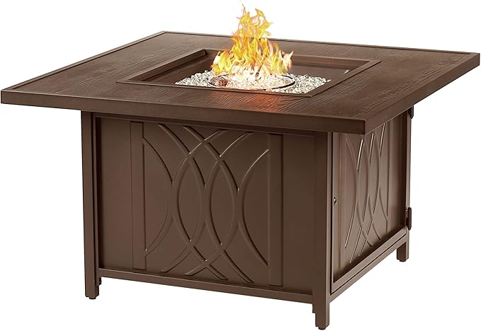 Oakland Living Square 42 in. x 42 in. Aluminum Propane Fire Pit Table with Glass Beads Two Covers Lid 57000 BTUs in Brown Finish