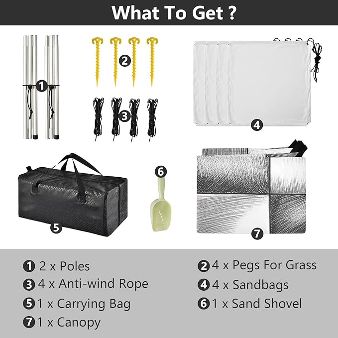 Silver Checked Hand-Drawn Sketch Beach Cabana UPF50 Easy Setup Portable Sun Shelter with Sandbags Sand Shovel Poles for Backyard and Camping