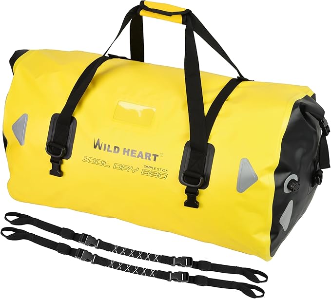 WILD HEART Waterproof Motorcycle Duffel Bag PVC500D Double-bottom With Rope Straps and Inner Pocket 40L 66L 100L for Kayaking Camping BoatingMotorcycle