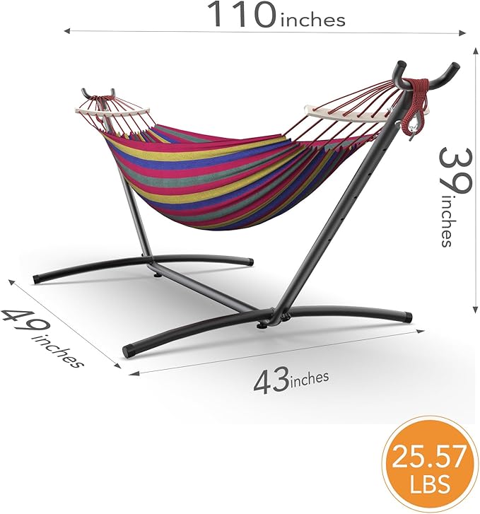 EveryFun Double Hammock with Heavy-Duty Steel StandPortableEasy Assembly600lbs Weight CapacitySuit for IndoorYardCampingor Outdoor-Wide Red