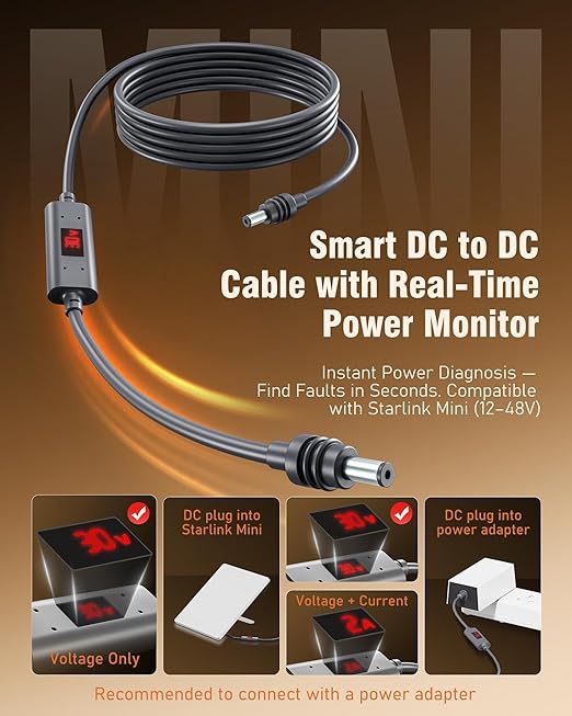 Starlink Mini DC Power Cable – 18AWG Heavy-Duty Tinned Copper Wire with Voltage &amp Current Monitor for Fast Troubleshooting Waterproof Extension Accessories for Home RV &amp Camping (5/16.4ft)